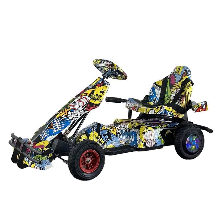Colorful children's go-kart with a cartoon design on a white background