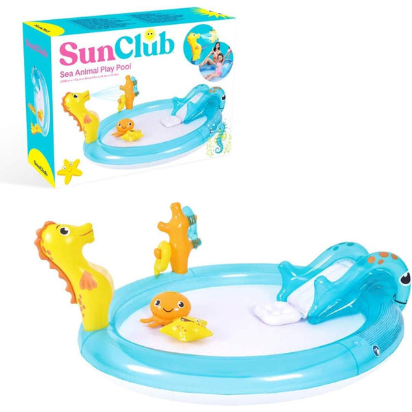 Sun Club Inflatable Water Pool with slide Blow up Sea Animal Play Swimming Pool, Water Spray/Ring Toss