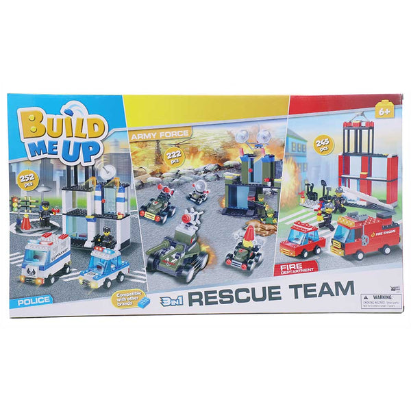Build Me Up Rescue Team 3 In 1 Police, Fire, Military Blocks Multicolour - 719 Pieces