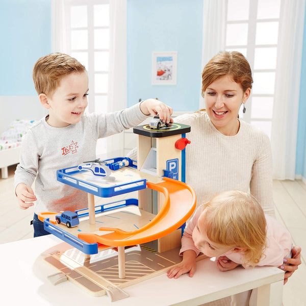 ECO-FRIENDLY Wooden Car Parking Garage Toy Set, Car Ramp with Three Parking Levels