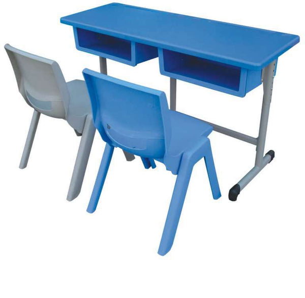 طاولة مزدوجة مع كرسيين للأولاد باللون الازرق و الرصاصي