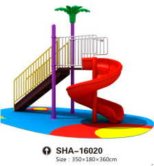 Gold Red Outdoor Playground with single Spiral Slide and a tree