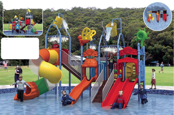 Gold YEllow and Red outdoor Water Playground 4-Slide with 4 water Sprinkler on the Top