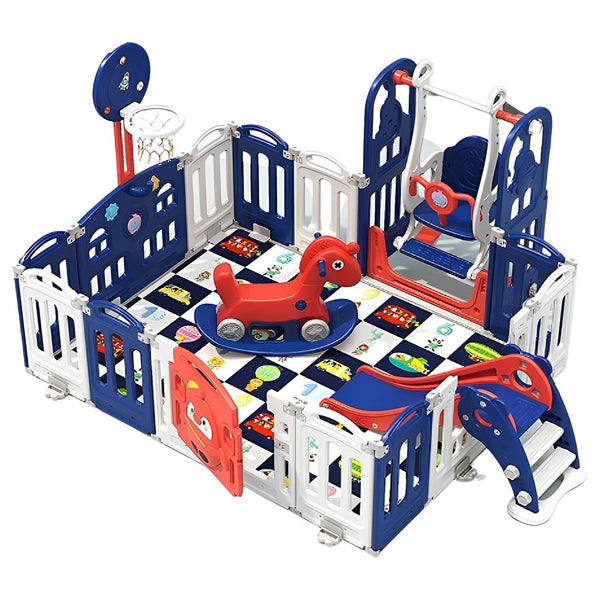Home Playpen for Kids, Baby Fence, Kids Land, Indoor Play Equipment, With Doors,  Foldable, Transformable, Crawling Mat, Safety Fence,  Convenient Storage, Lightweight, Luxury Set (Swing and Ball),  Slide ,Playpen With Multifunctional Activity - Blue