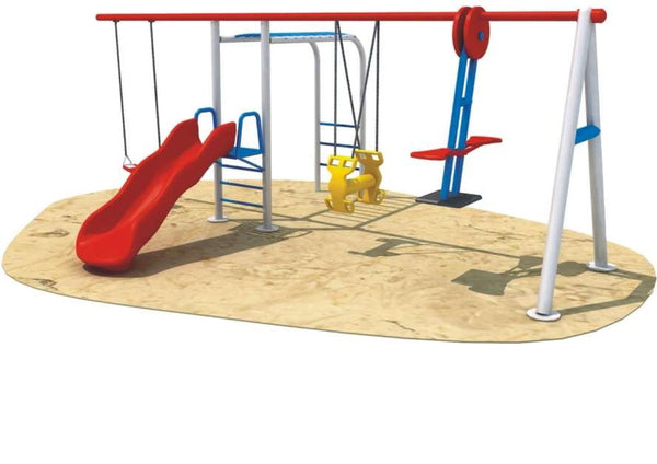 slide with monkey bar and three swings