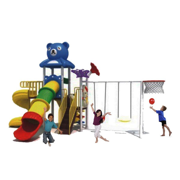 Three slides and two swings with basket ball net playground