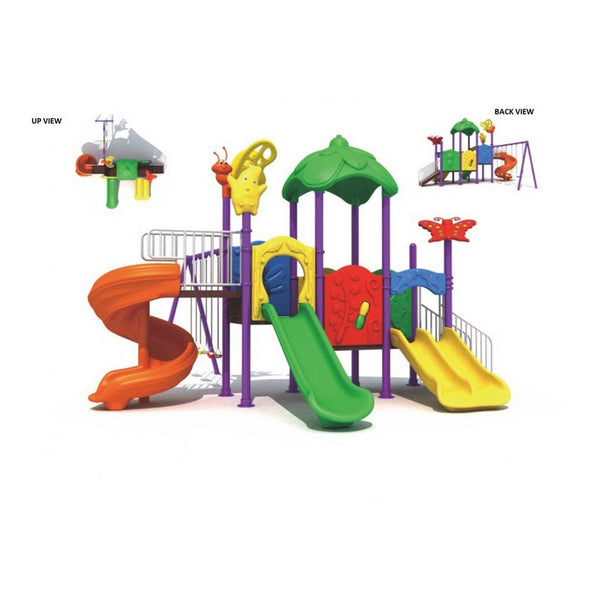 Three swings and three slides large playground.