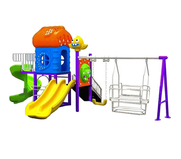 Two slides, kids play house, one big swing, one small swing and a stair playground