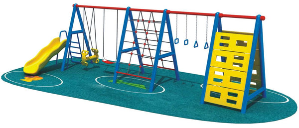 Two swings, one slide, rope climbing, monkey bar playground