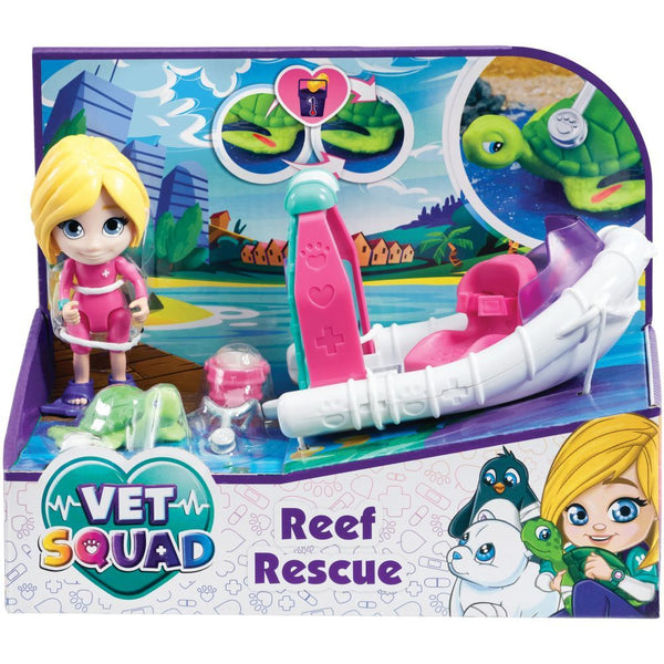 Vet Squad - Reef Rescue - Emily & Boat, 3 inch articulated vet figure with vehicle, pet and accessories - Suitable for 4 years and above