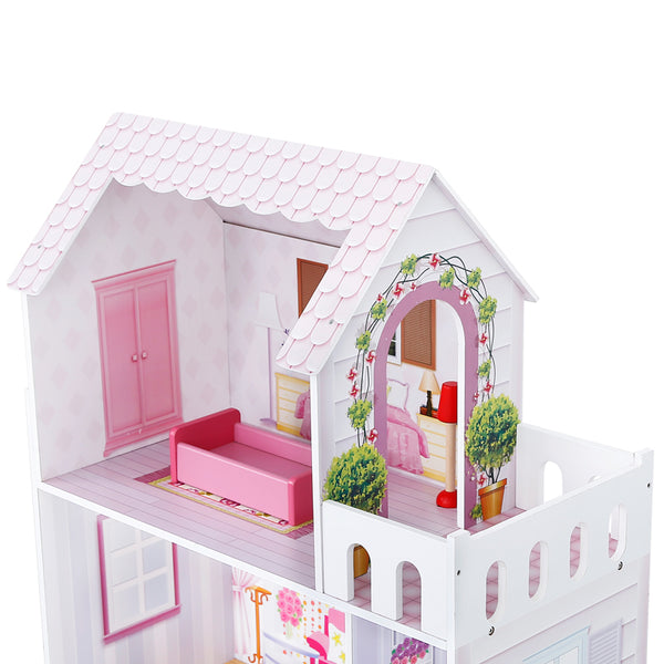 Wooden doll house with furniture high quality girl pink dollhouse toy for kids role pretend playing